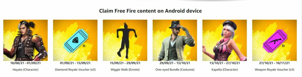 Free Fire Amazon Prime Rewards List 2021